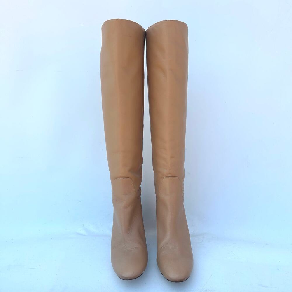 Zara Leather Knee-High Tall Chunky Heel Boots Camel Tan 41 Size 11 - Picture 4 of 9